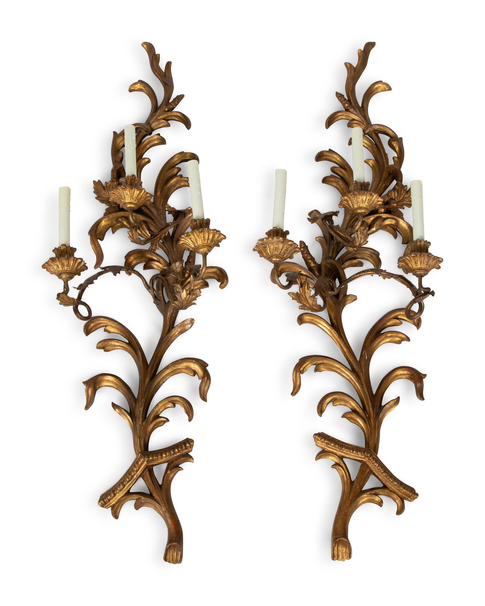 A Pair of Italian Baroque Style Carved Giltwood Three-Light Large Sconces Height 53 x width 17 x (1 of 2)