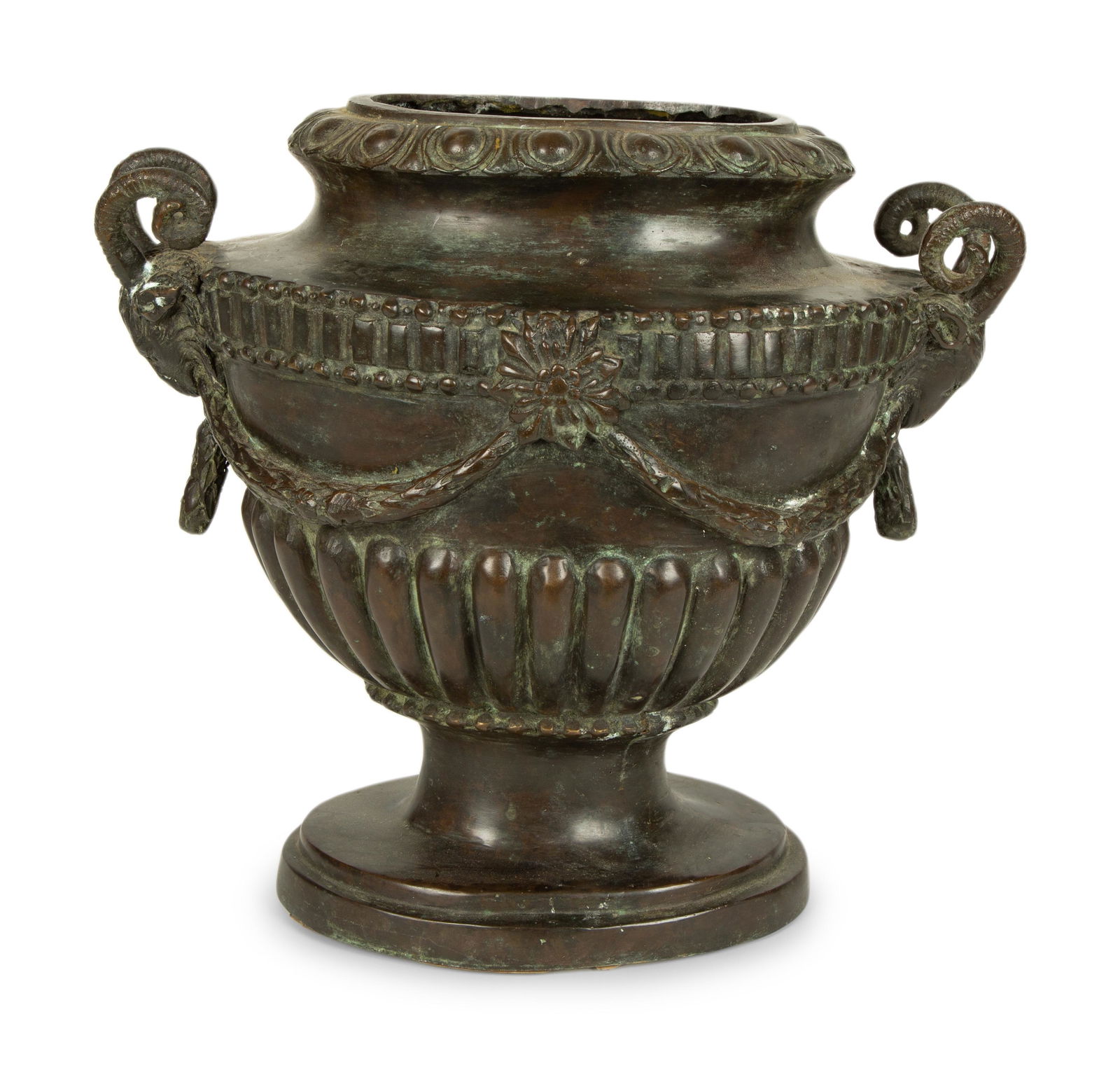 A Neoclassical Style Bronze Urn with Ram Mask Handles Height 15 x width 16 x depth 9 1/2 inches. (1 of 4)