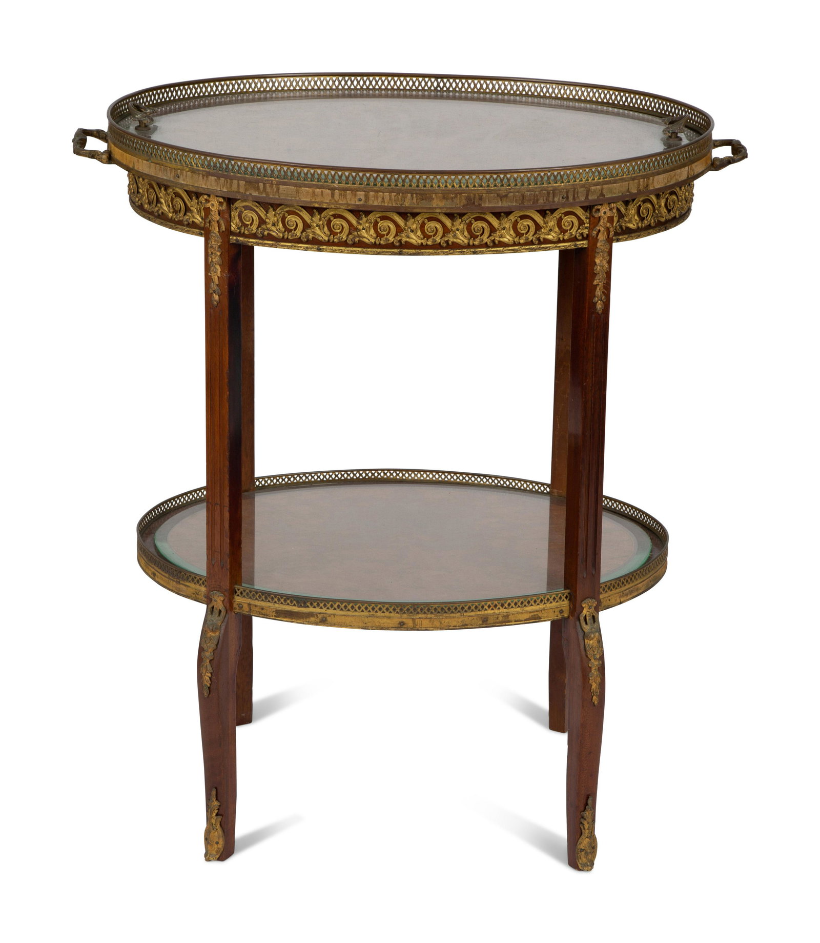 A Louis XVI Style Marquetry and Gilt Bronze Mounted Two-Tier Tea Table Height 29 3/4 x width 27 x (1 of 4)