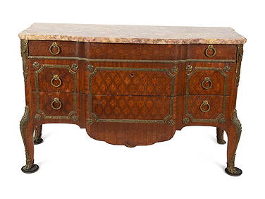 A Louis XVI Style Marquetry, Gilt Bronze and Marble Top Three-Drawer Commode Height 36 1/2 x width (1 of 6)