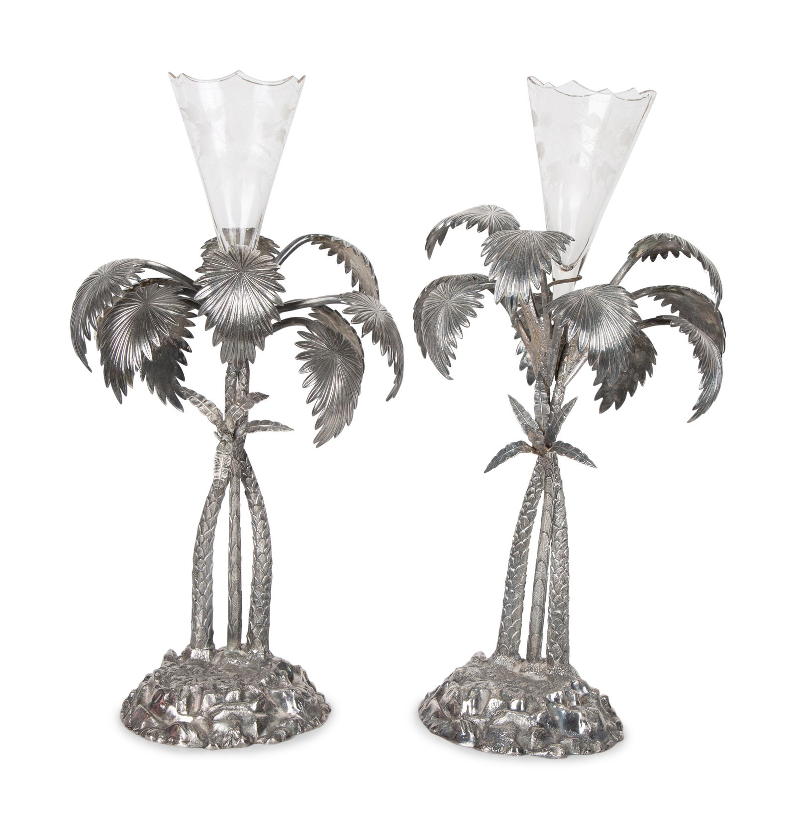 Pair of French Palm Tree-Form Silvered Bronze and Glass Centerpieces Height 27 inches (overall); (1 of 4)