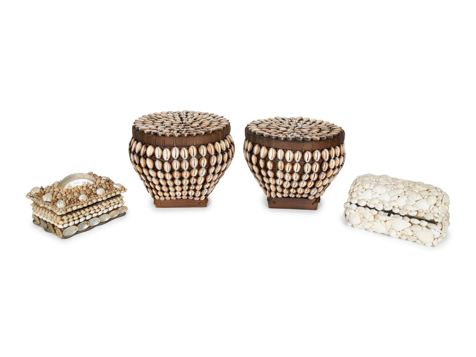 Two French Shell-Encrusted Lidded Boxes and a Pair of Cowry Shell Covered Baskets  Larger box, (1 of 4)