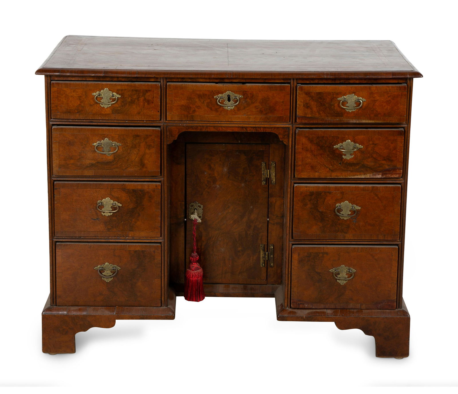 A George II Style Burl Walnut Kneehole Desk Height 29 3/4 x width 37 1/4 x depth 19 3/4 inches. (1 of 3)