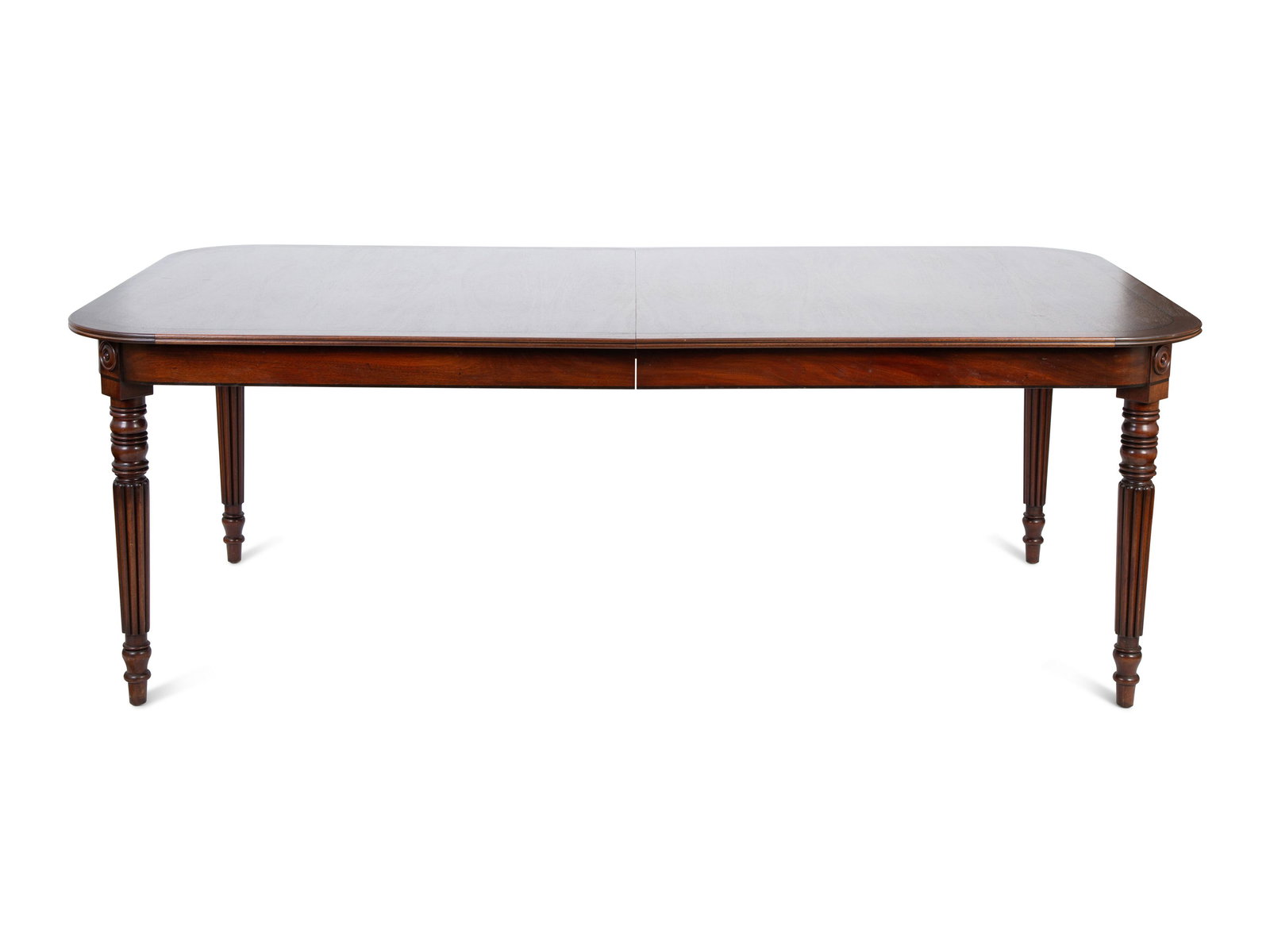 A Regency Style Inlaid Mahogany Dining Table Height 29 3/4 x width 84 1/4 x depth 44 inches, with (1 of 4)