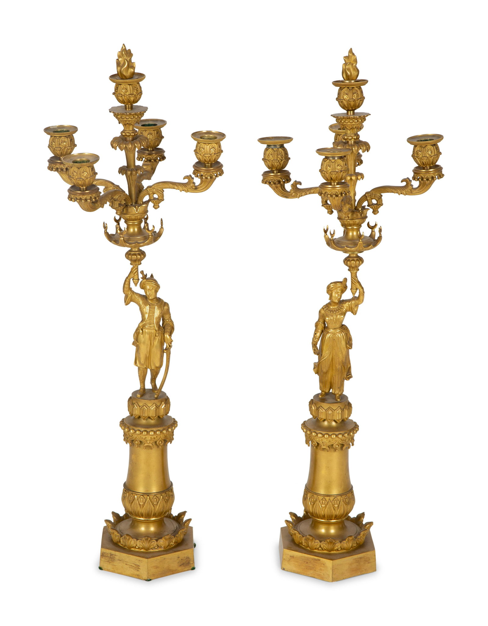 A Pair of Orientalist Gilt Bronze Candelabra Height 28 1/2 inches.: A Pair of Orientalist Gilt Bronze Candelabra 19TH CENTURY Height 28 1/2 inches.
