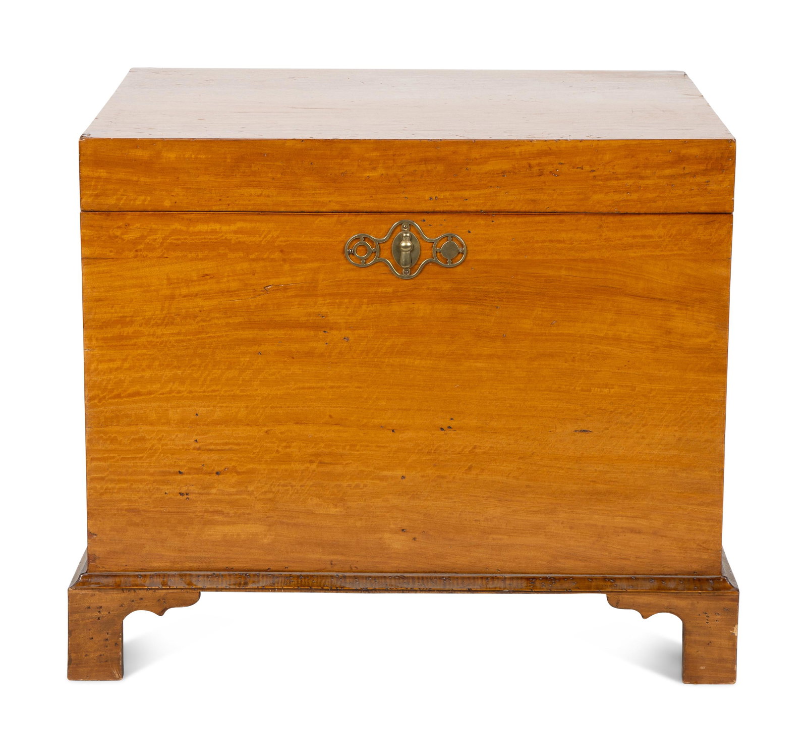 An English Brass Mounted Satinwood Cellarette Height 23 x width 28 3/4.: An English Brass Mounted Satinwood Cellarette 19TH CENTURY Height 23 x width 28 3/4.