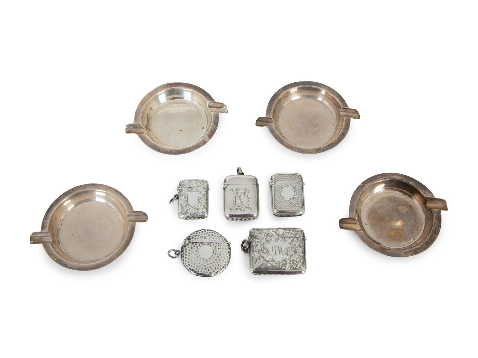 A Collection of Nine English Silver Smoking Accessories Ashtray diameter 4 1/4 inches. (1 of 3)