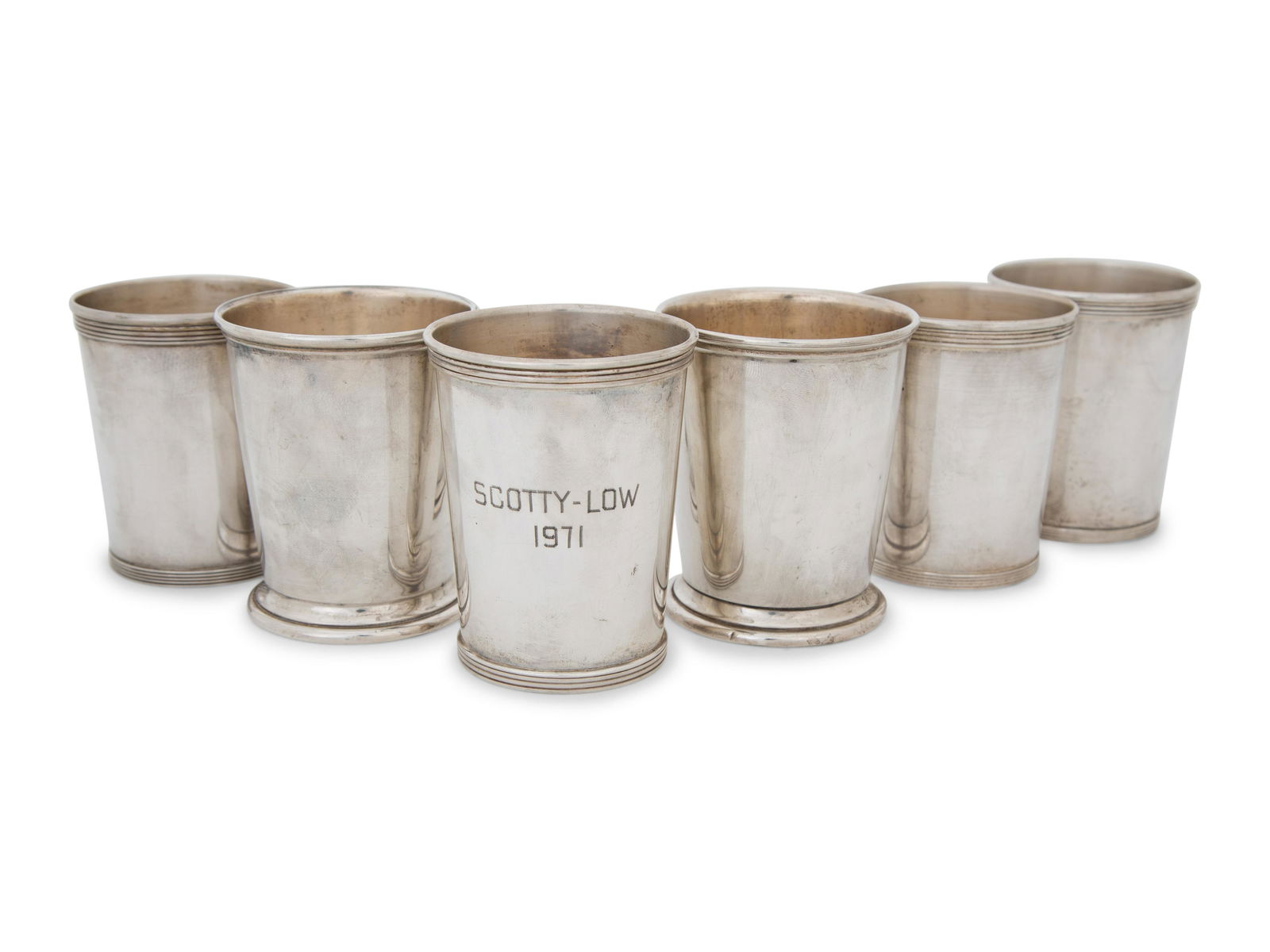 An American Silver Hand-Hammered Flask and Six Mint Julep Cups Flask, length 9 1/2 inches. (1 of 4)