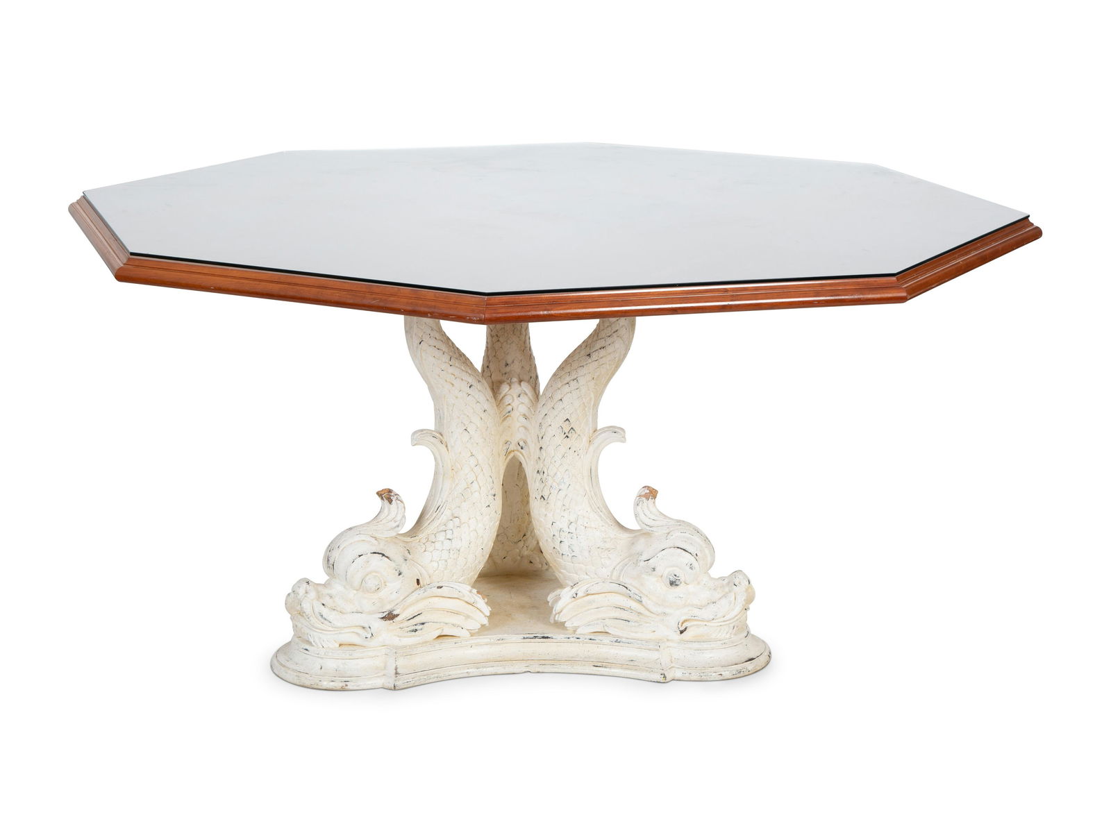 A Carved and Painted Dolphin Base Dining Table with a Later Octagonal Teak Top Height 30 x diameter (1 of 3)