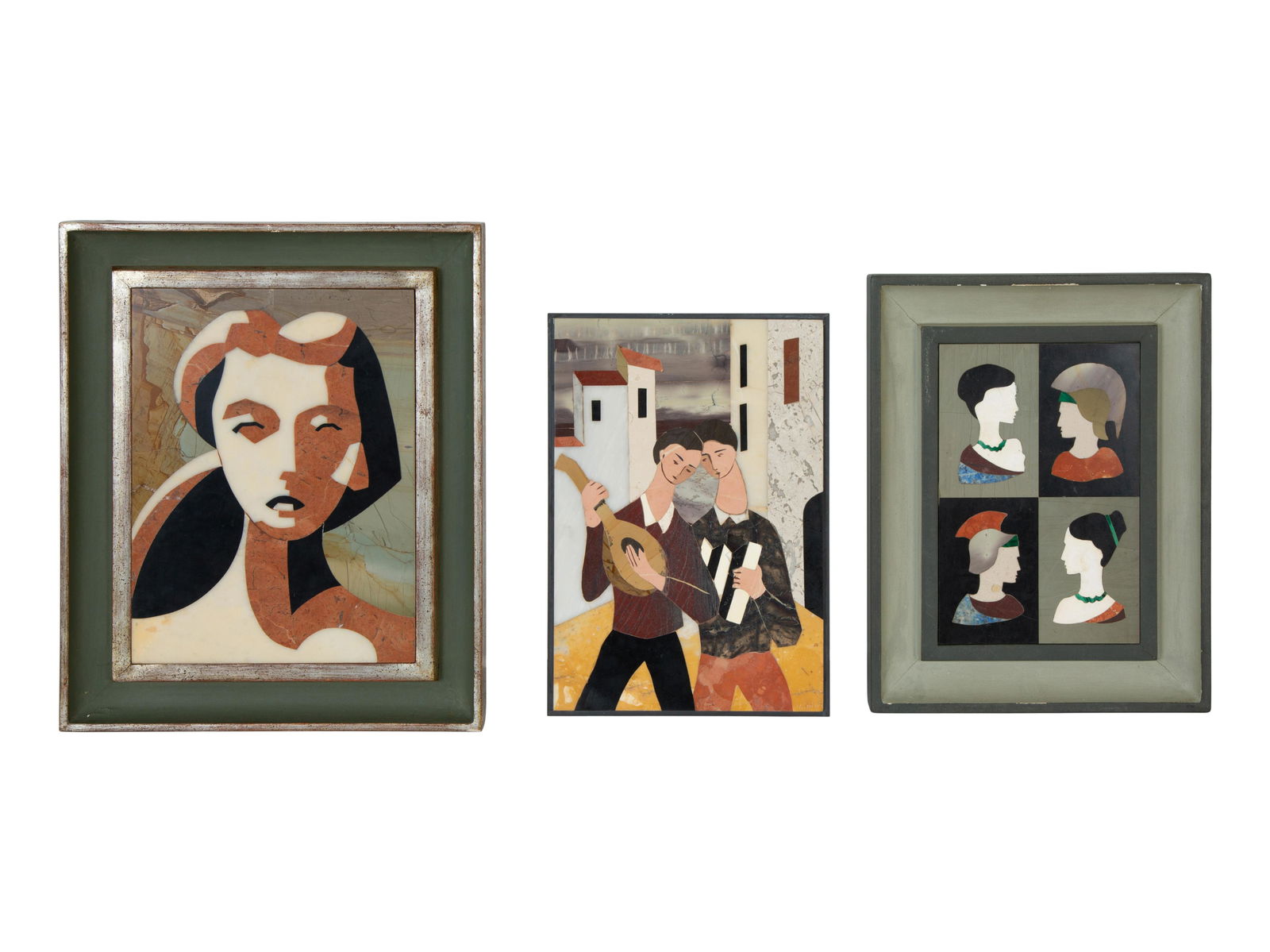 Three Italian Modernist Pietra Dura Pictorial Plaques Height largest framed 11 x width 9 inches. (1 of 4)