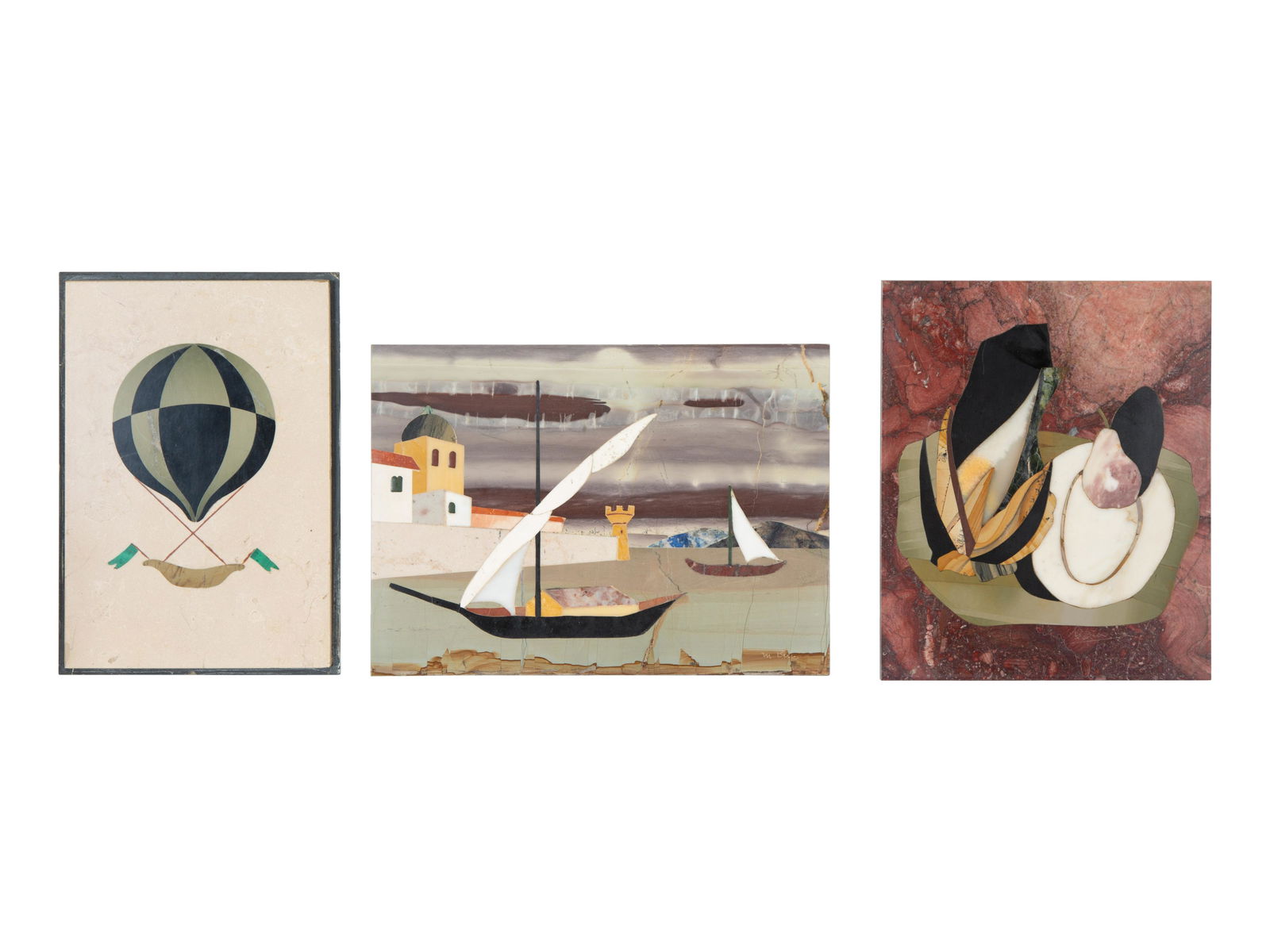 Five Italian Modernist Pietra Dura Pictorial Plaques Height of largest 8 1/4 x width 6 3/8 inches (1 of 3)