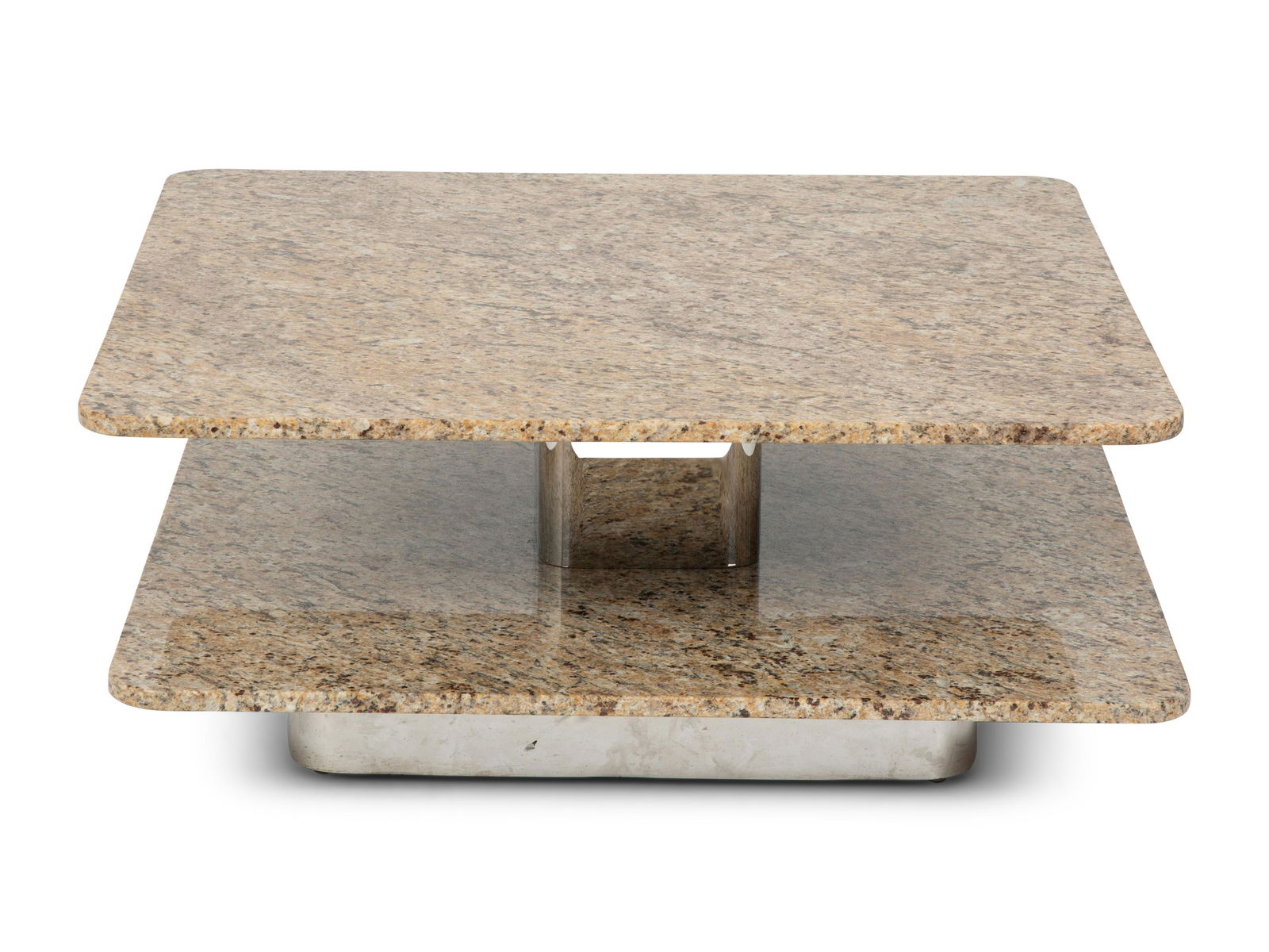A Modern Pivoting Two-Tier Stone and Chrome Metal Coffee Table Height 15 x width 36 x depth 36: A Modern Pivoting Two-Tier Stone and Chrome Metal Coffee Table 20TH CENTURY Made by Brueton, New York. Height 15 x width 36 x depth 36 inches.
