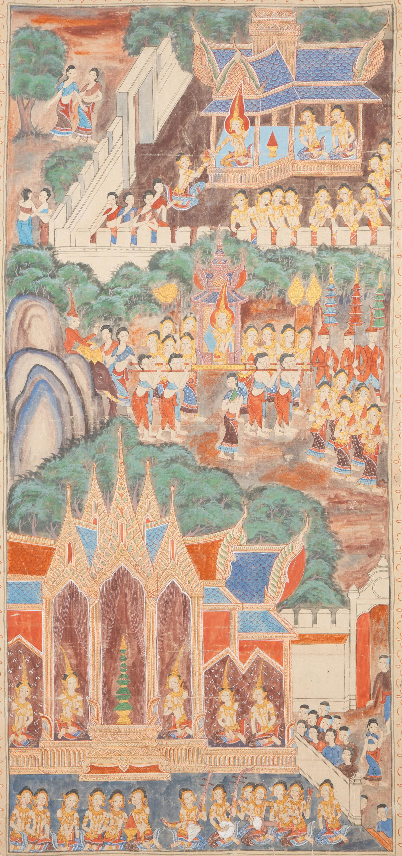 A Thai Buddhist Painting on Linen 72 3/4 x 34 3/4 inches. (1 of 4)