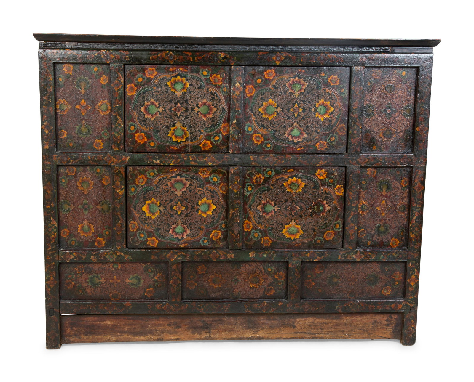 A Tibetan Lacquered and Tooled Pigskin Hall Chest Height 37 1/2 x width 45 x depth 16 1/2 inches.: A Tibetan Lacquered and Tooled Pigskin Hall Chest 20TH CENTURY Height 37 1/2 x width 45 x depth 16 1/2 inches.