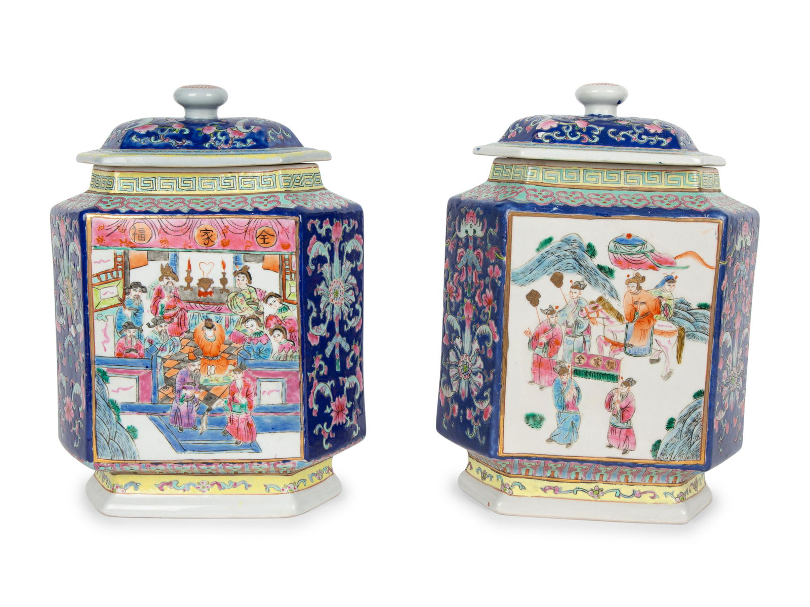 A Pair of Chinese Export Covered Hexagonal Ginger Jars Height 11 inches. (1 of 6)