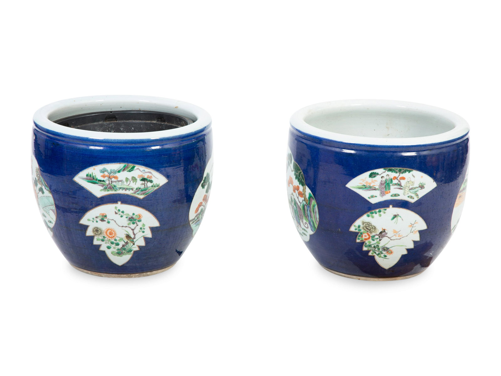 A Pair of Chinese Export Blue Ground Jardinieres with Fan-shaped Figural Scenes Height 15 1/2 x (1 of 2)