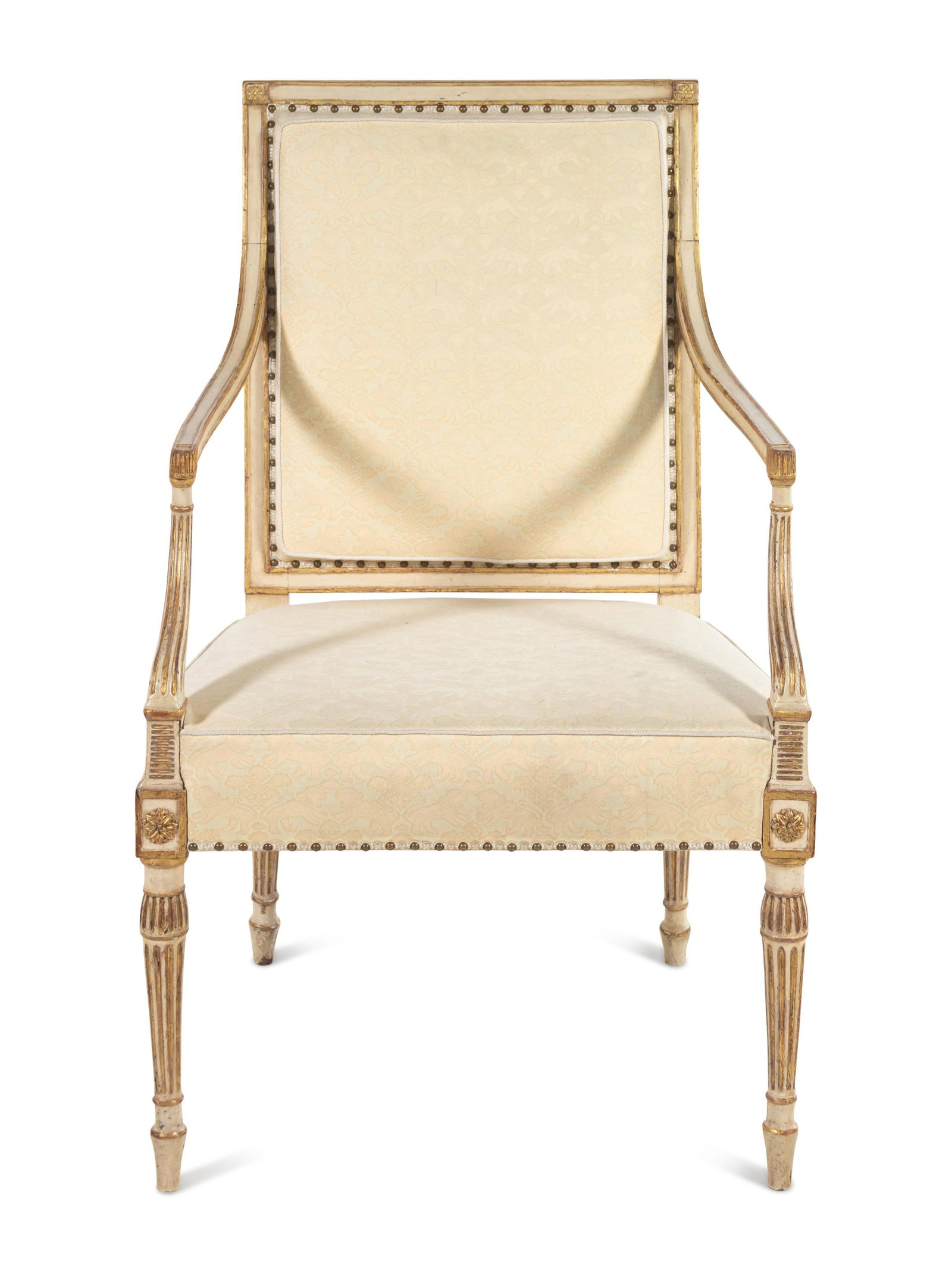 A Regency Painted and Parcel Gilt Armchair: A Regency Painted and Parcel Gilt Armchair 19th Century with Fortuny upholstery. Height 35 1/2 x width 23 x depth 20 inches.