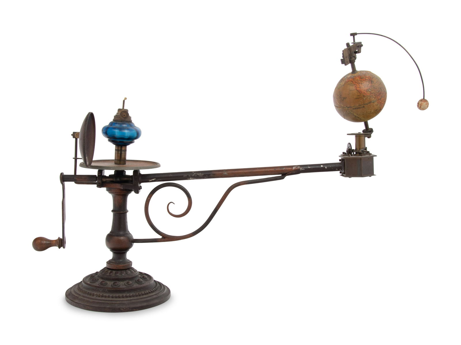 A Continental Tellurium with 3-Inch Globe: A Continental Tellurium with 3-Inch Globe 19th Century the globe for the Swedish market (with old repairs), hand cranked mechanism and moon on a painted cast iron base with extension arm, horizontal c