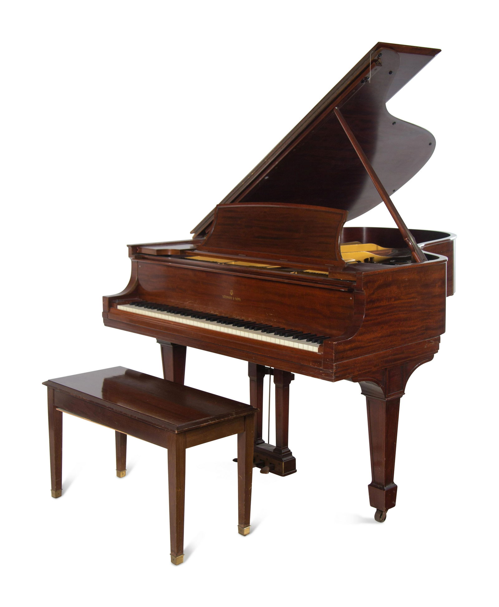 A Steinway and Sons Walnut Grand Piano and Bench: A Steinway and Sons Walnut Grand Piano and Bench 1928 serial number 263935. Length of case 76 inches. Property of an Estate, Pasadena, California