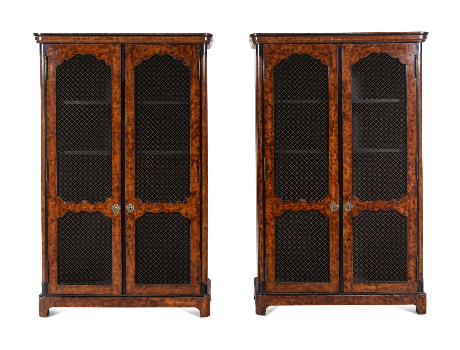 A Pair of Regence Style Faux Bois Painted Bookcases: A Pair of Regence Style Faux Bois Painted Bookcases France, 19th Century each cornice with ebonized banding. Height 75 x width 47 x depth 17 1/2 inches.