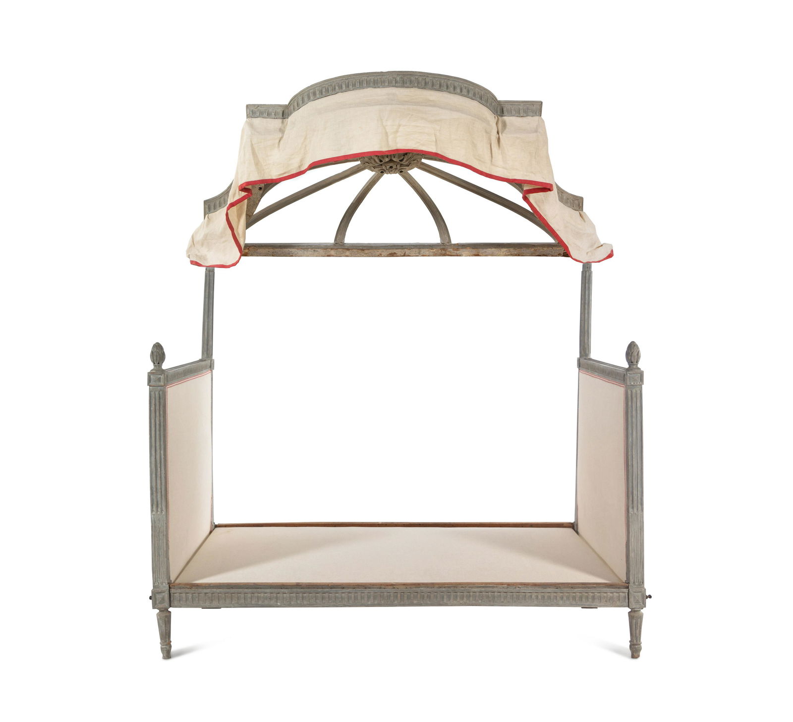 A Louis XVI Style Painted Lit a la Polonaise: A Louis XVI Style Painted Lit a la Polonaise France, Early 20th Century comprising a baldachin, headboard, footboard and side rails. Height 104 x width 79 1/2 x depth 44 inches.