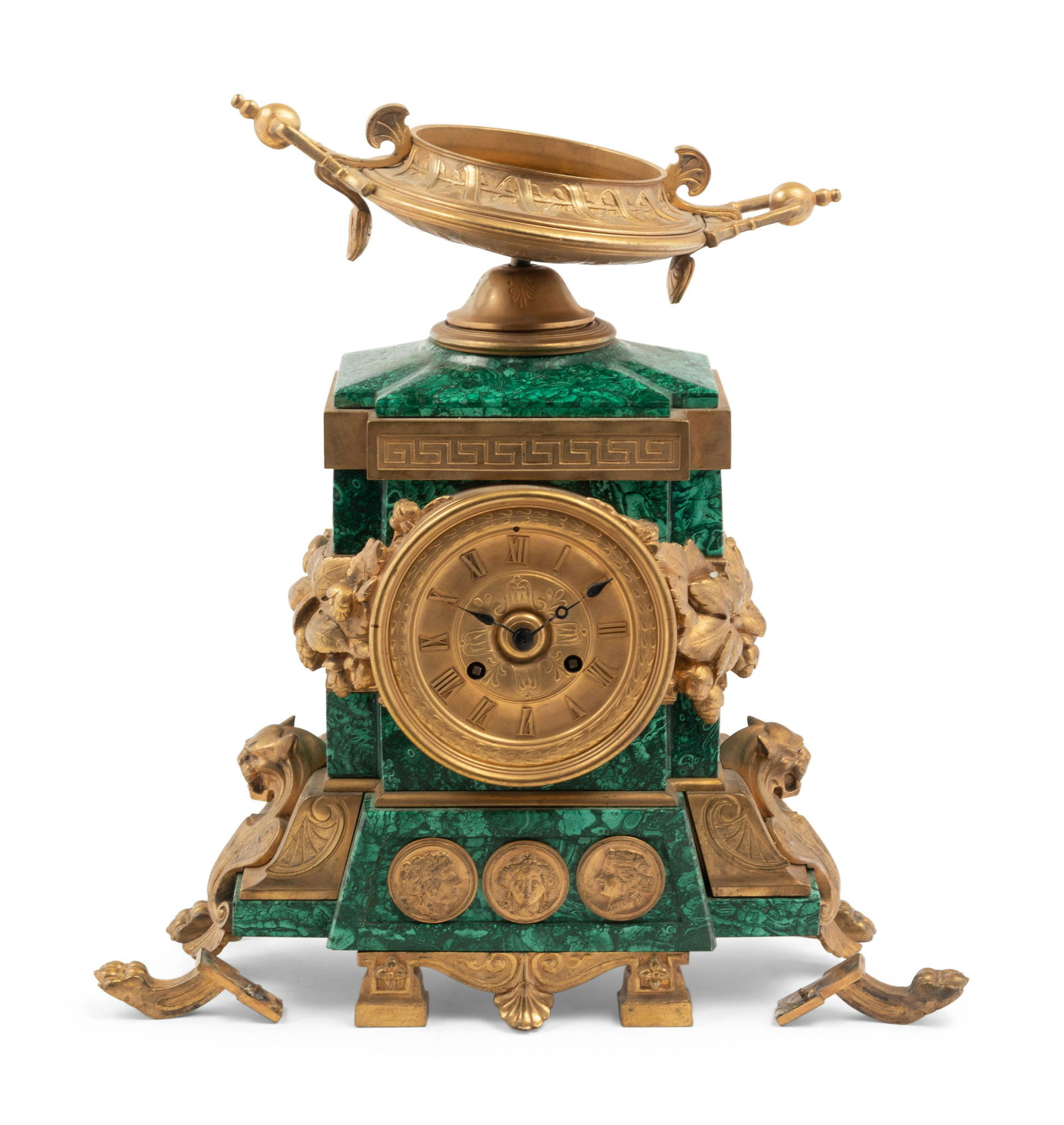 An Empire Style Gilt Bronze and Malachite Veneered Mantel Clock (1 of 3)
