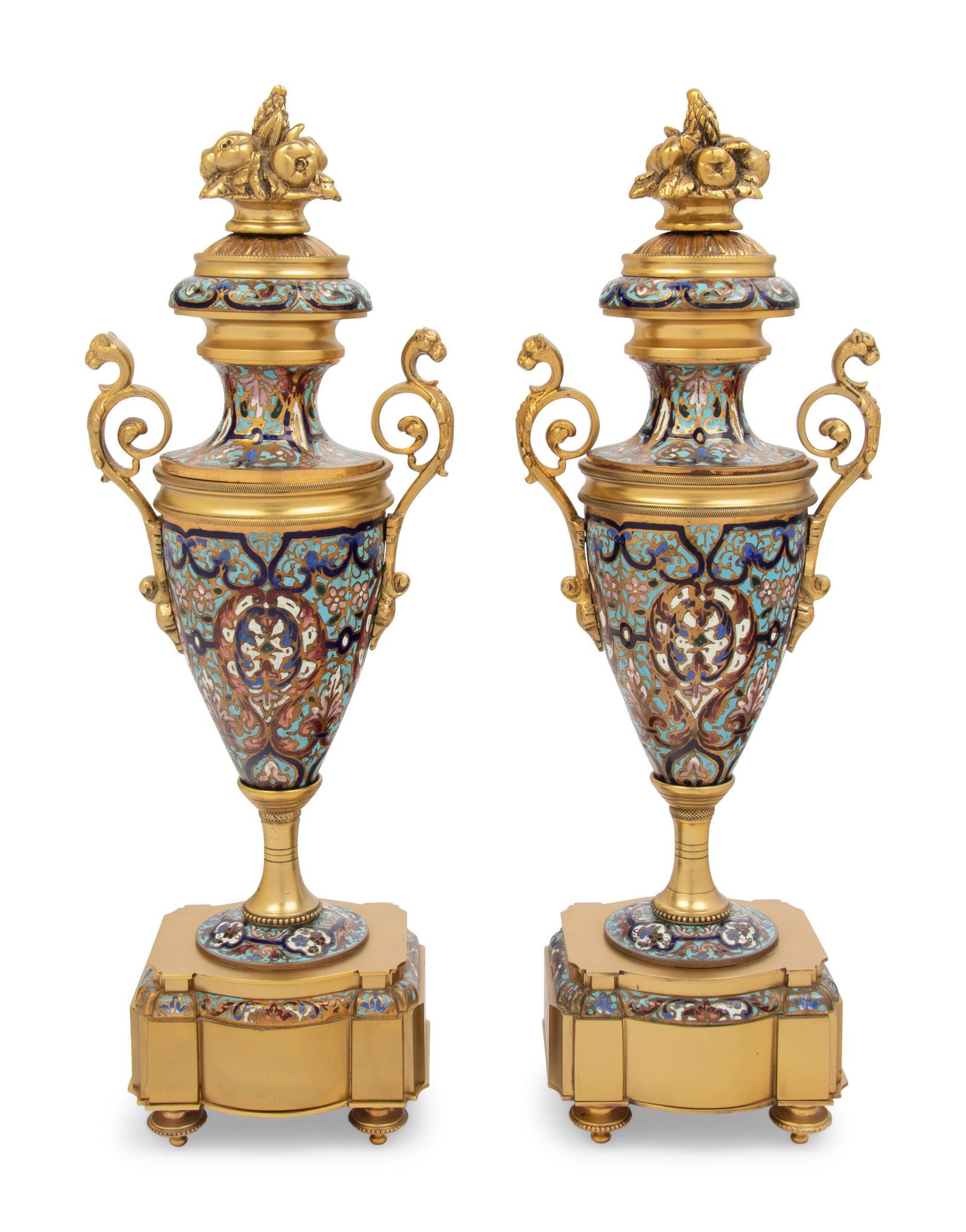 A Pair of French Gilt Bronze and Champleve Enamel Urns (1 of 5)