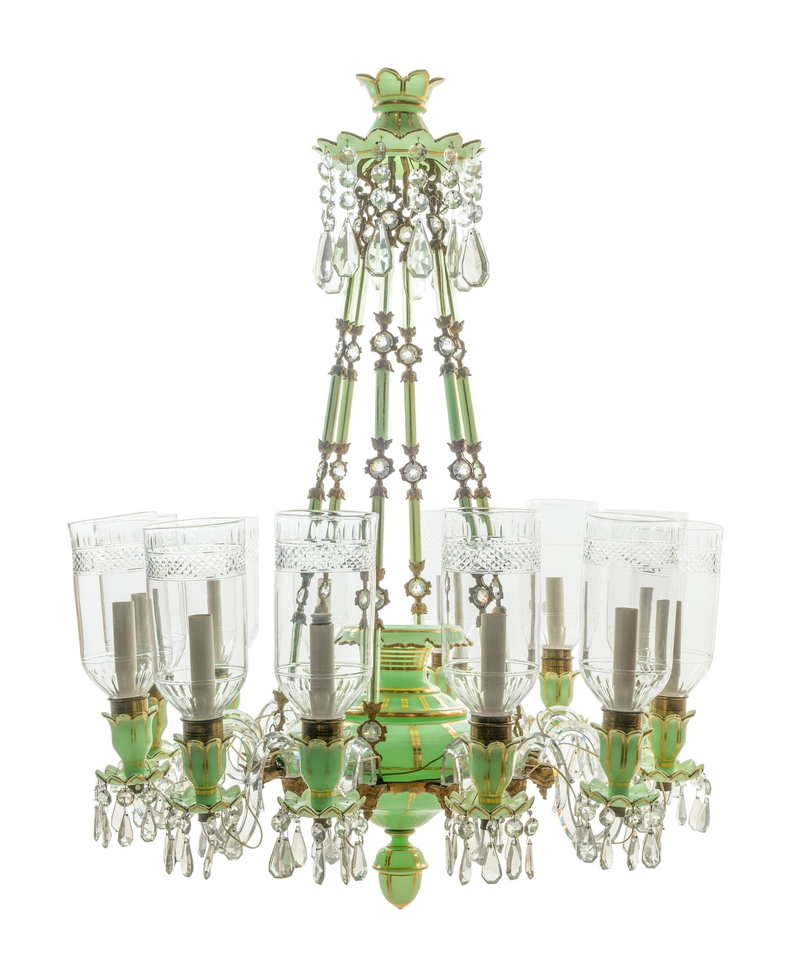 A French Opaline Glass and Gilt Bronze Twelve-Light Chandelier with Cut Glass Hurricane Shades (1 of 3)
