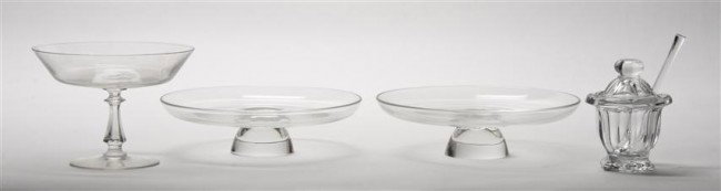A Pair of Steuben Glass Compotes, Diameter of firs: A Pair of Steuben Glass Compotes, together with a Val St. Lambert compote and a Baccarat mustard pot. Diameter of first 8 1/4 inches. Property of a Gentleman, Oak Brook, Illinois