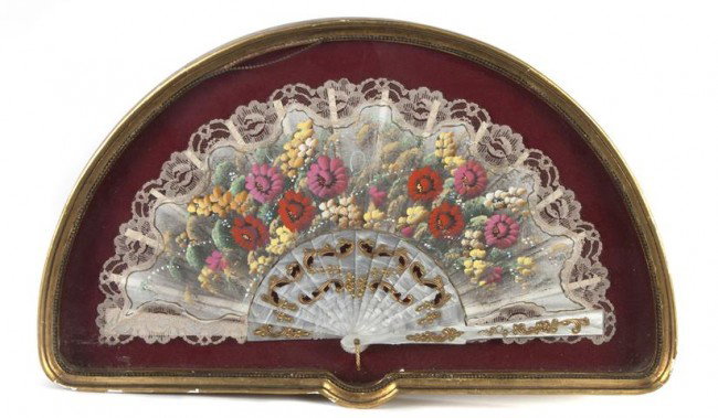 A French Gilt Decorated Mother-of-Pearl and Lace F: A French Gilt Decorated Mother-of-Pearl and Lace Fan, with allover foliate decoration, set in a giltwood shadow box frame. Width overall 21 1/4 inches.