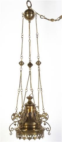 A Brass Hanging Light Fixture, Height 42 inches.: A Brass Hanging Light Fixture, of bell form, having allover scrolling leaf decoration. Height 42 inches.