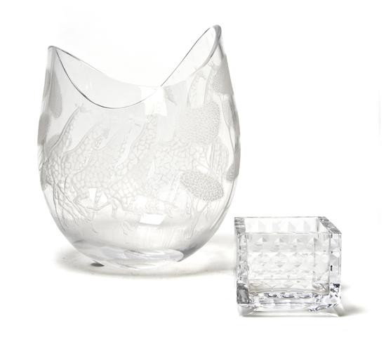 A Kosta Lindstrand Glass Vase, Height of first 13 : A Kosta Lindstrand Glass Vase, of irregular form, decorated with giraffes, together with a Kosta vase of low square form. Height of first 13 inches.
