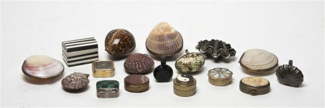 A Collection of Decorative Boxes, Width of widest: A Collection of Decorative Boxes, comprising eight of shell or shell form, together with seven other boxes and two scent bottles. Width of widest 3 1/4 inches.