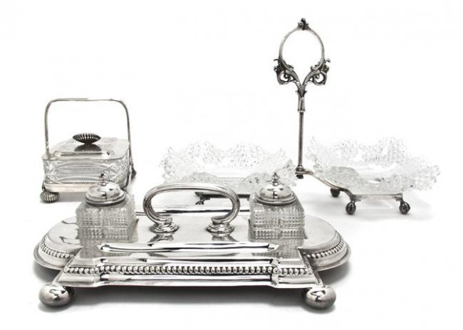 Three English Silverplate and Glass Table Articles: Three English Silverplate and Glass Table Articles, comprising a pen tray with two inkpots and two candy dishes. Length of longest 14 inches.