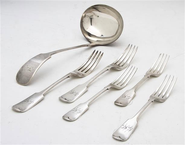 A Group of Five American Sterling Silver Forks, Le: A Group of Five Silverplate Forks, comprising two dinner forks and two luncheon forks, together with an English silver ladle, maker's mark JD & S, Sheffield, 1894; approximate total weight 6.77 ozt. L