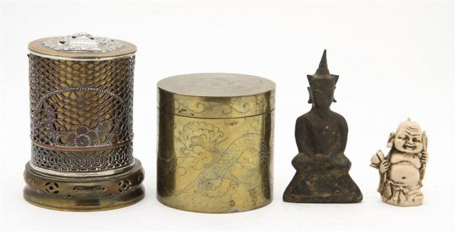 A Southeast Asian Bronze Model of Buddha, Height o: A Southeast Asian Bronze Model of Buddha, depicted in a seat pose, together with two brass boxes and a composite figure of a hotei. Height of tallest 4 inches. Property from the Estate of Tom G. and M