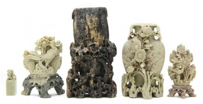 A Collection of Five Carved Soapstone Articles, He: A Collection of Five Carved Soapstone Articles, depicting various plants and birds. Height of tallest 10 1/2 x width 6 inches. Property from the Estate of Tom G. and Mary Jane McClain, Phoenix, Arizon