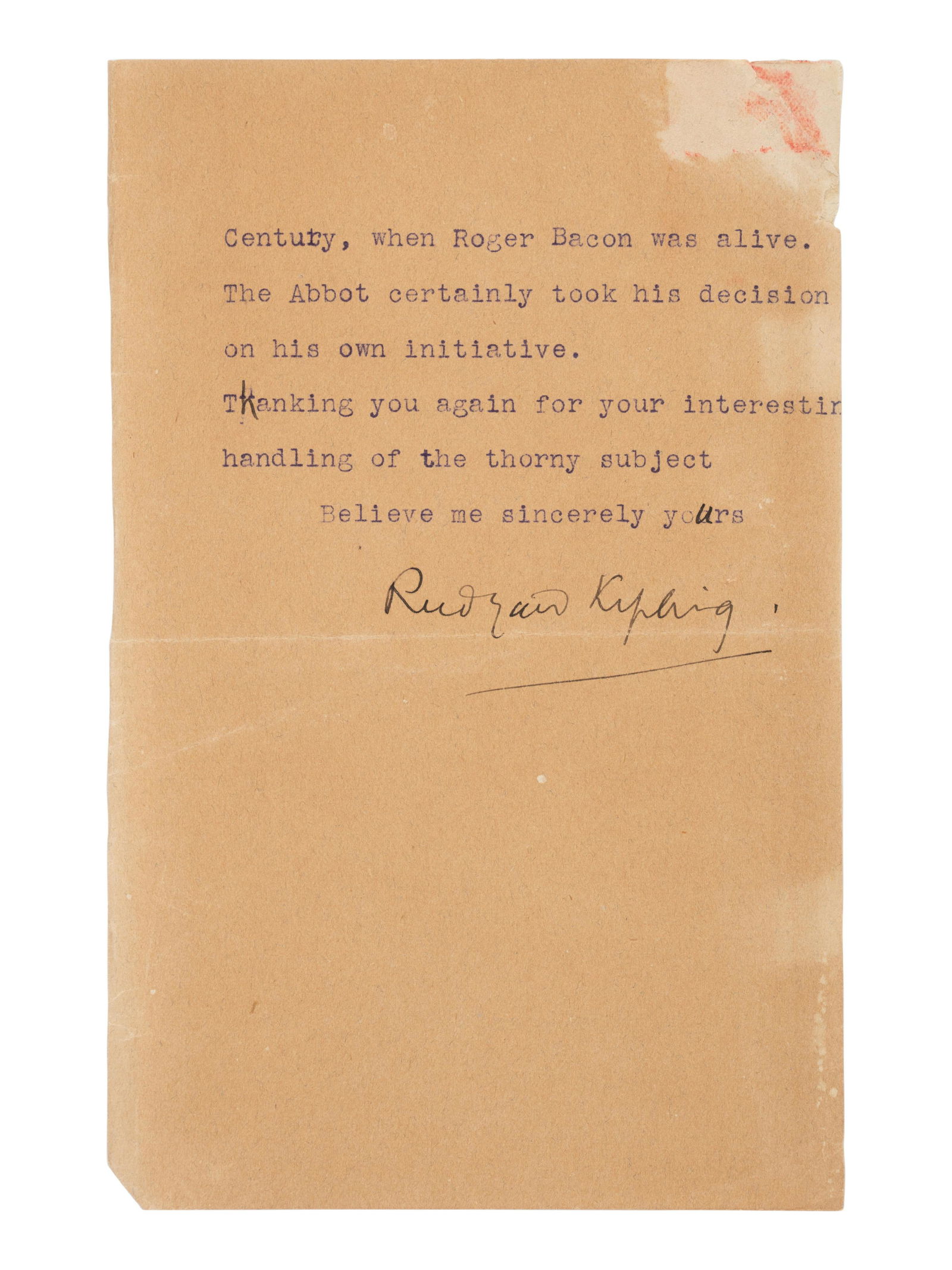 KIPLING, Joseph Rudyard. Debits and Credits. London, 1926. FIRST EDITION. [Laid in:] Typed letter (1 of 4)