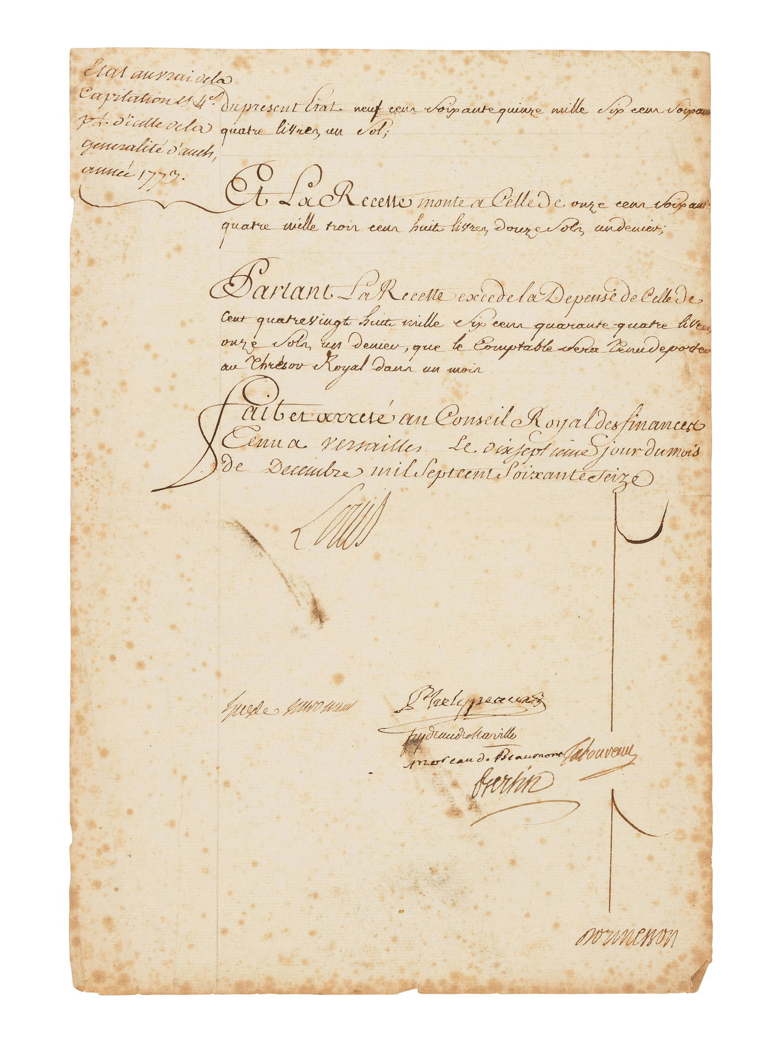 LOUIS XVI, King of France (1754-1793). Document signed ("Louis"), 17 December 1776. Countersigned by (1 of 1)
