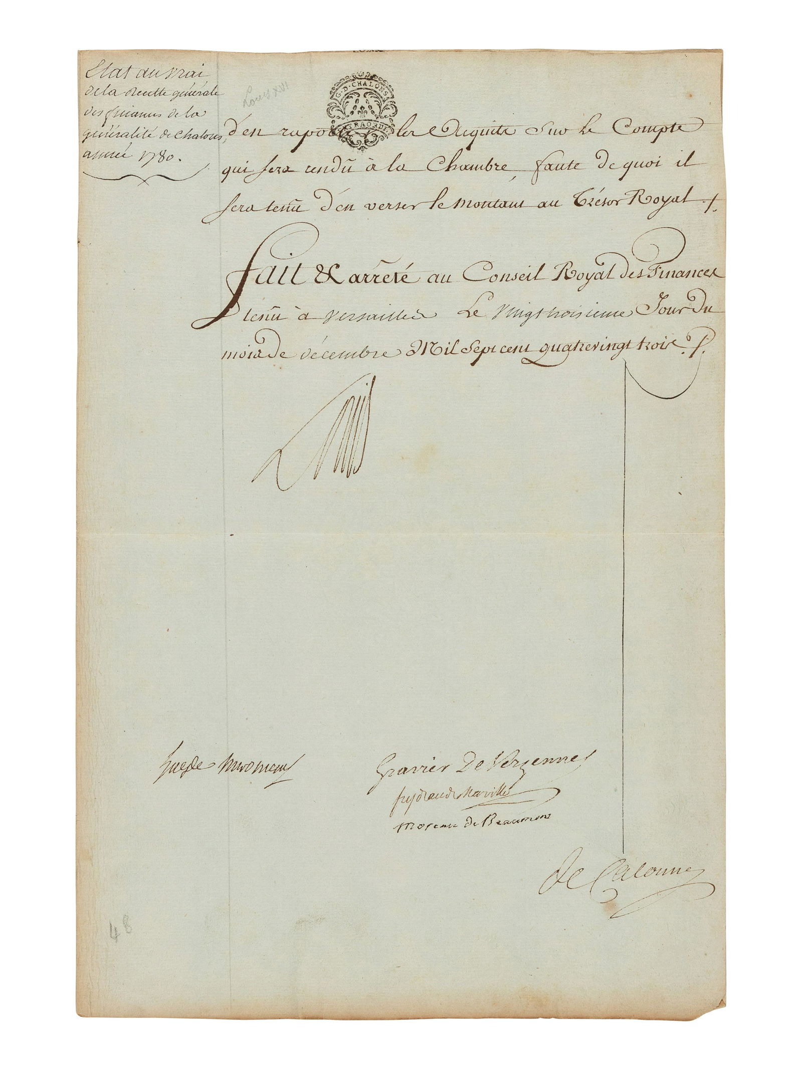 LOUIS XVI, King of France. Document signed ("Louis"), 23 December 1783. Countersigned by several (1 of 3)