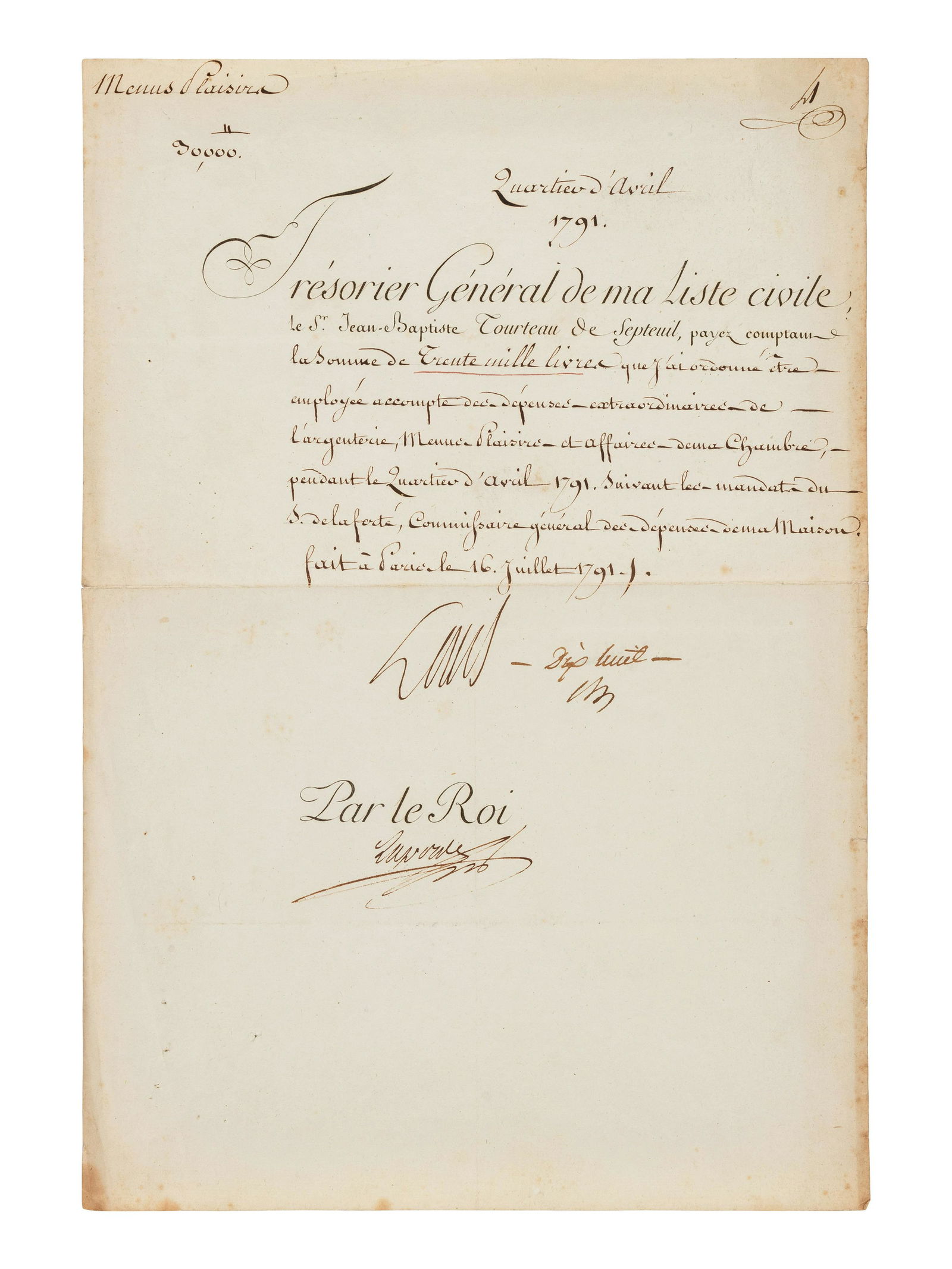 LOUIS XVI, King of France. Partly printed document signed ("Louis"), July 16, 1791. Countersigned by (1 of 1)
