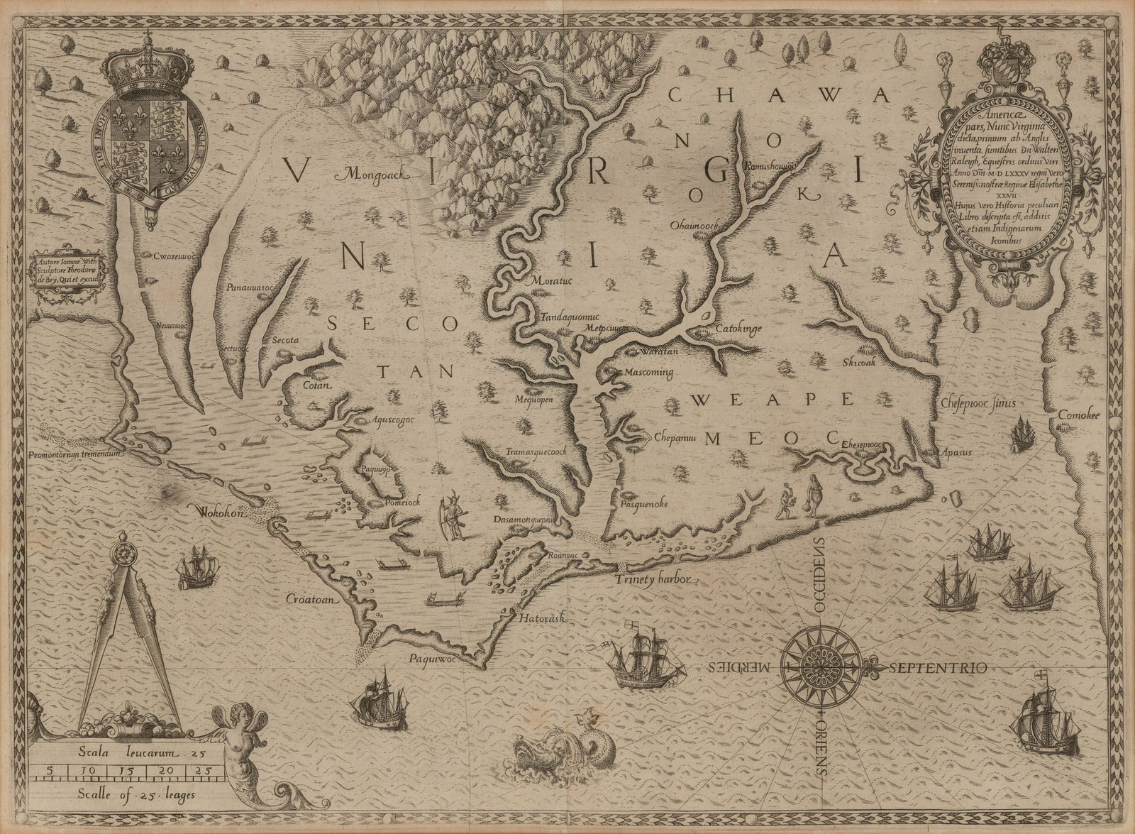 [MAP]. BRY & WHITE. Americae pars, nunc Virginia dicta primum ab Anglis. Frankfurt, 1590. : [MAP]. BRY, Theodor de (1528-1598) and John WHITE (1540-1593). Americae pars, nunc Virginia dicta primum ab Anglis. Frankfurt, 1590. Engraved map of Virginia. (Some minor toning, a few tiny spo