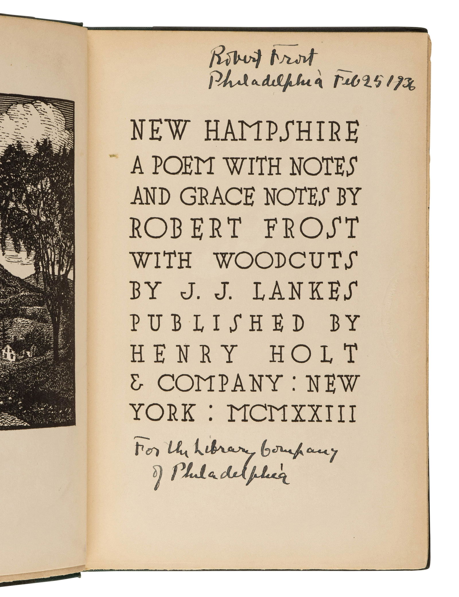FROST, Robert (1874-1963). New Hampshire. New York: Henry Holt & Company, 1923. FIRST EDITION, (1 of 2)