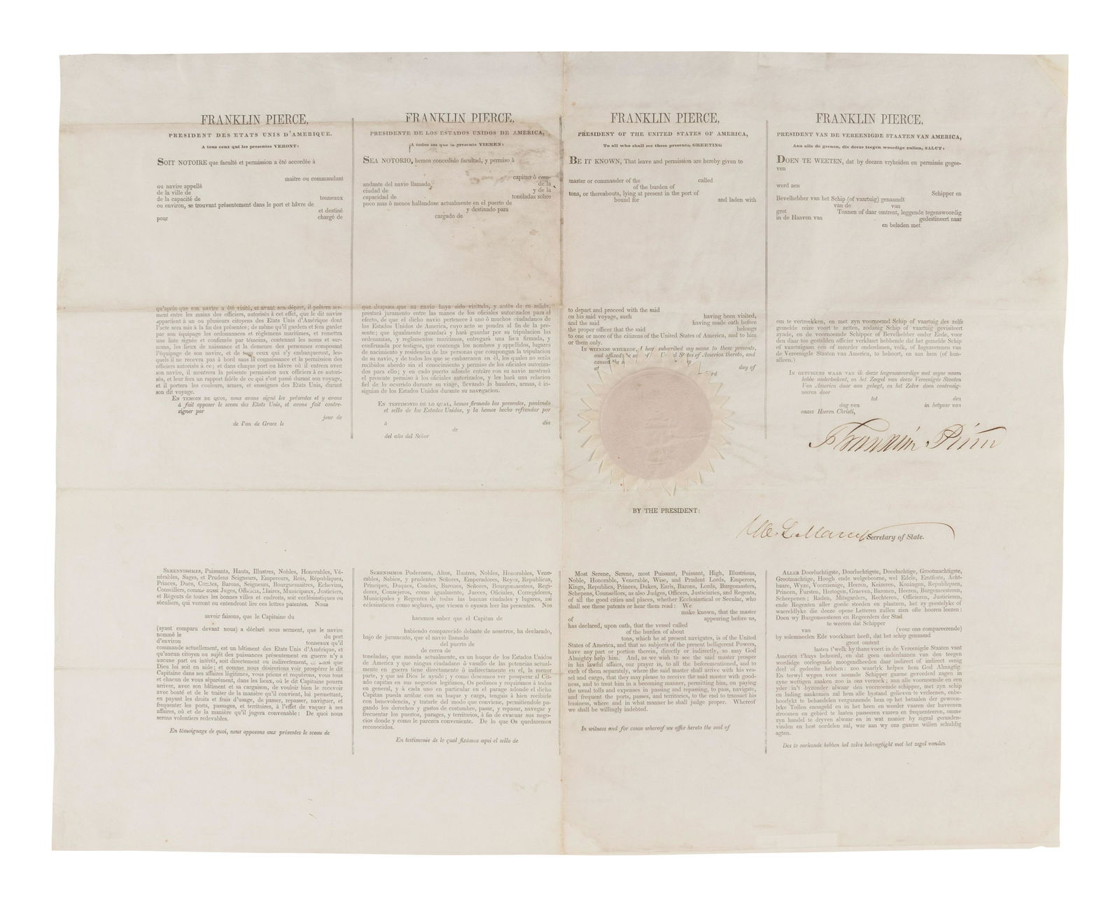 PIERCE, Franklin (1804-1869). Four-language ship's paper signed ("Franklin Pierce"). N.p., n.d. (1 of 1)