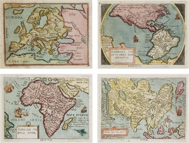 (MAP) ORTELIUS, ABRAHAM. Four copper-engraved hand: (MAP) ORTELIUS, ABRAHAM A group of four hand-colored copper-engraved maps of the continents from Theatro del Mondo, on full sheets of Italian text, this edition, often referred to as the plagerized ve