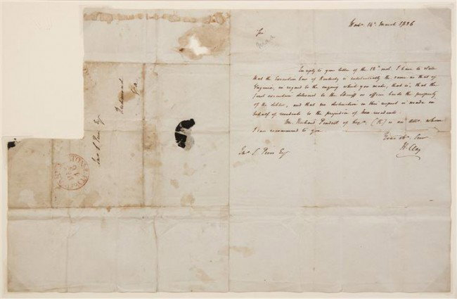 CLAY, HENRY. Autographed letter signed, one page, : CLAY, HENRY Autographed letter signed ("H. Clay"), one page, on a bifolium, Washington, March 14, 1836. Matted. Clay writes to Thomas S. Peers, Esq., Richmond, Virginia, in response to a letter, stati