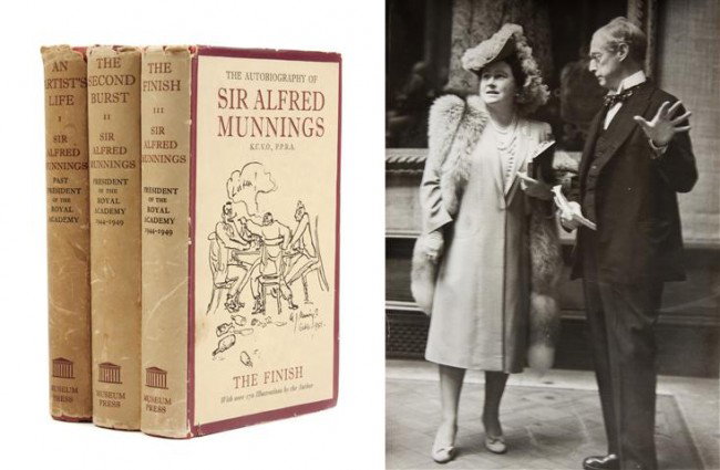 MUNNINGS, SIR ALFRED. The Autobiography. London, 1: MUNNINGS, SIR ALFRED The Autobiography. London: Museum Press, 1950. 3 vols. 8vo, original red cloth-backed boards stamped in gilt, pictorial endpapers, dust jacket. First edition. Inscribed by the aut