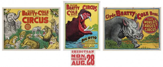 (POSTER, CIRCUS) CLYDE BEATTY/COLE BROS. A group o: (POSTER, CIRCUS) CLYDE BEATTY/COLE BROS. A group of four color lithograph posters featuring animal acts, three of which are by Roland Butler, depicting a Crouching Tiger, Rhinoceros, Hippopotamus and