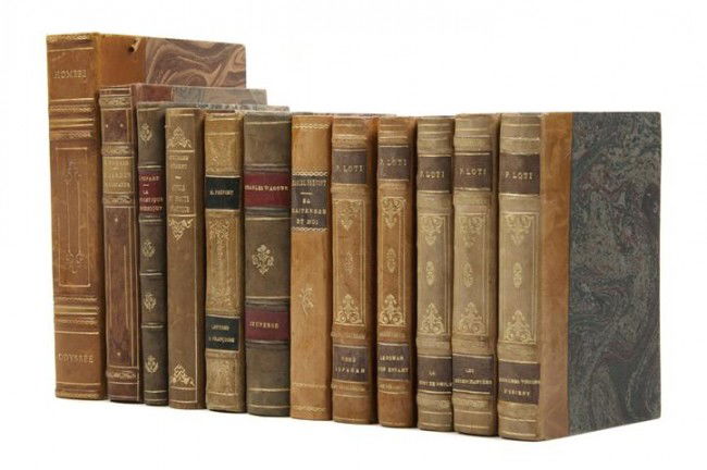 (BINDINGS) A group of 12 leather bound books.: (BINDINGS) A group of 12 leather bound books, 8vo. La mort de Philae, Le roman d'un enfant, Vers Ispahan, Les desenchantees, Supremes visions D'Orient.</