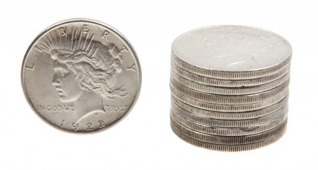 A Collection of Eleven U.S. Silver Peace Dollars,: A Collection of Eleven U.S. Silver Peace Dollars, dating (4) 1922, 1922-D, 1922-S, 1924-S, 1925, 1926-D, 1928-S and 1934-S. Property from the Collection of Howard L. Wilson, Chicago, Illinois